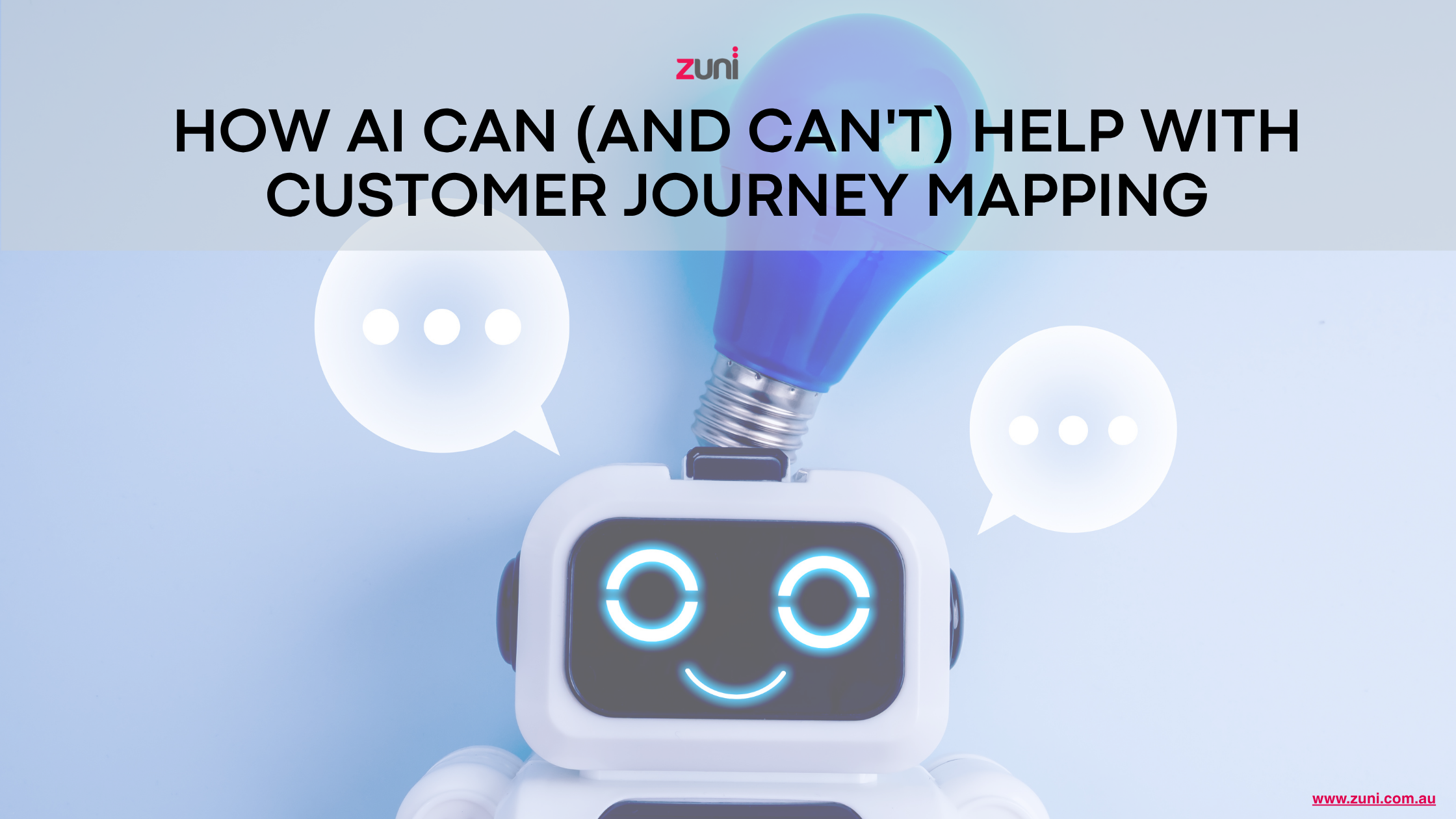 How AI can and can’t help with customer journey mapping — a friendly robot with speech bubbles and an illuminated lightbulb