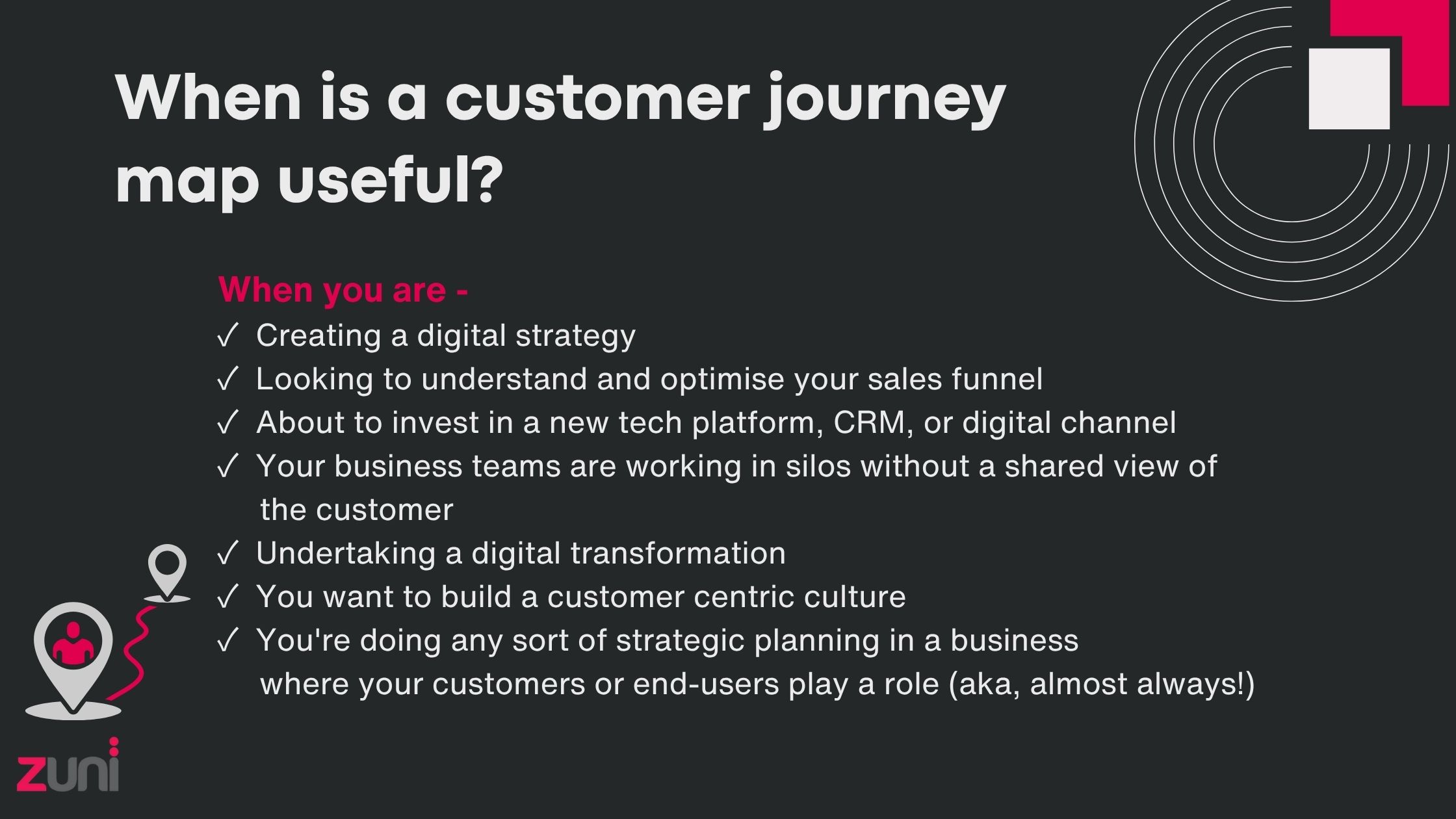 When is a customer journey map useful? When you're creating a digital strategy, optimising your sales funnel, investing in new tech, breaking down silos, undertaking digital transformation, building a customer centric culture, or doing strategic planning