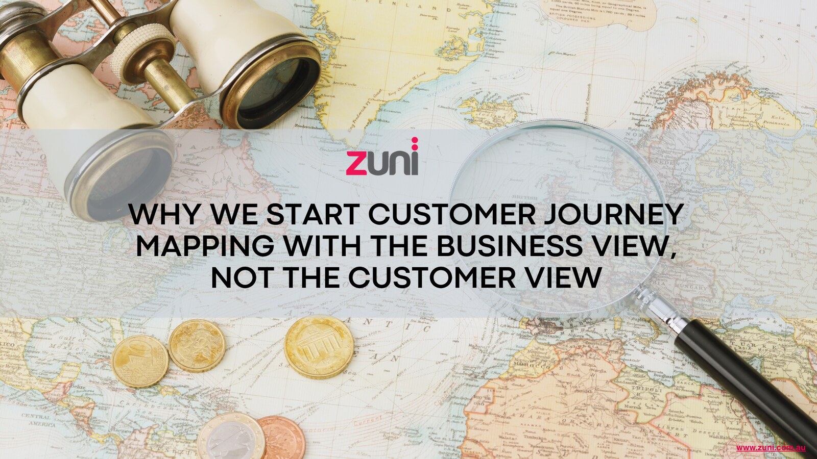 Why we start customer journey mapping with the business view, not the customer view — Zuni artwork with a map, binoculars and magnifying glass